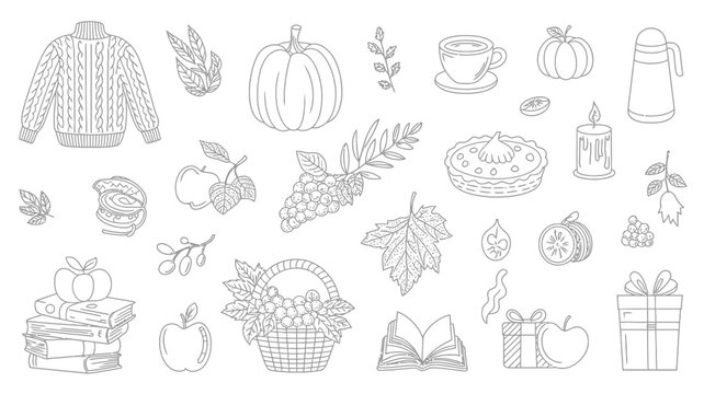 autumn themed line drawing collection with pumpkins leaves and cozy objects on white background