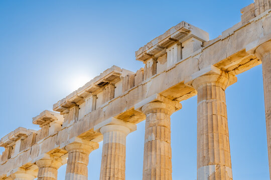 The Parthenon. A close-up of the Doric columns. Acropolis, Athens, Greece, Europe 