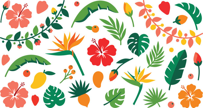 Vibrant tropical flowers and leaves on white background with colorful illustration