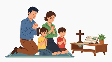 Fototapeta premium A family of four praying together in front of a small altar with a Bible and a cross. They are kneeling on a rug, with their hands clasped and eyes closed