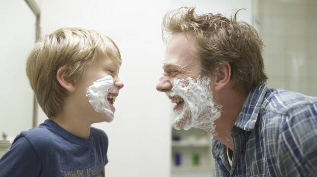 Happy father and son laughing together in bathroom with shaving foam on faces, young single dad bonding with child during playful morning routine and joyful fathers day moment