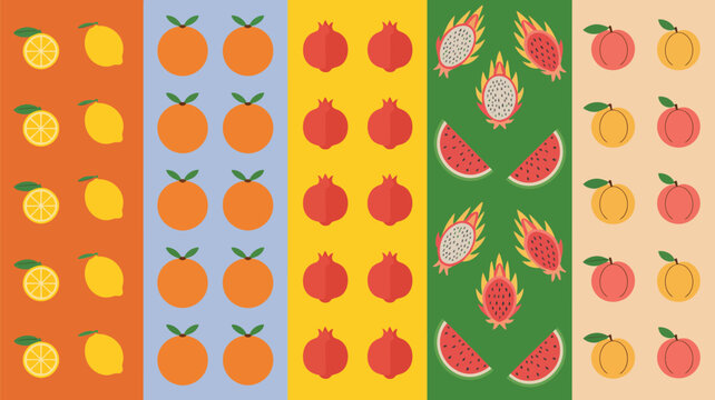Stylized fruit pattern with oranges lemons pomegranates dragon fruit peaches and watermelon