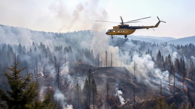 Firefighting helicopter flying over burning coniferous forest. Emergency response to wildfire in mountainous wilderness area. Aerial tracking shot.