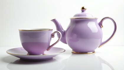 Fototapeta premium Lilac ceramic teacup and teapot with gold trim sit on reflective surface. Elegant porcelain tableware is perfect for formal tea time. Delicate set includes saucer and lid.