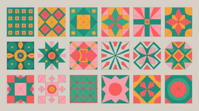 Geometric patchwork quilt blocks in shades of orange pink and green