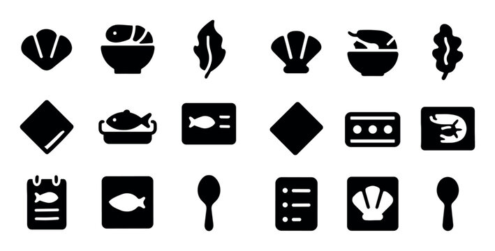 Seafood and menu concept icons with shell, fish and spoon for infographic design in solid style
