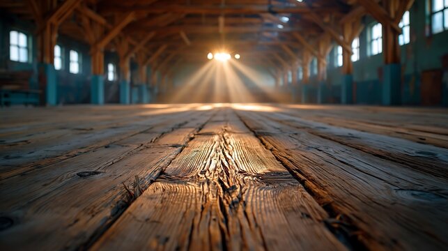 Spotlight hitting empty wooden stage in a rustic hall with sunbeams