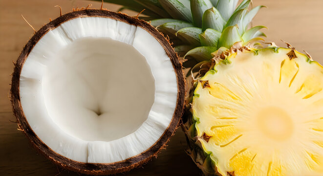 A close-up view of a halved coconut and a pineapple slice on a wooden surface.