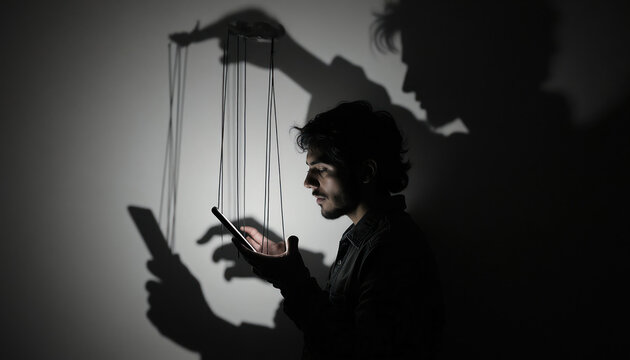 Man on phone controlled by puppet master shadow. Digital manipulation concept. User addiction to social media and tech influence. Online persona vs reality.