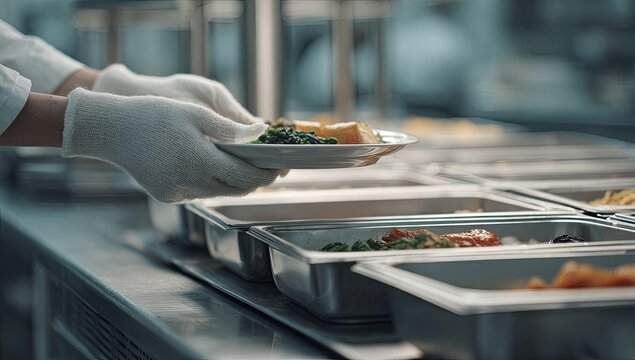 Serving food from chafing dishes in a professional kitchen