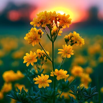Meadow ladys bedstraw yellow flowers blooming in a field at sunset