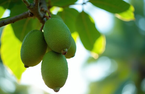 Green unripe noni fruits hang on tree branch. Textured spheres with leaves backdrop show healthy organic plant. Tropical food item grows on branch.