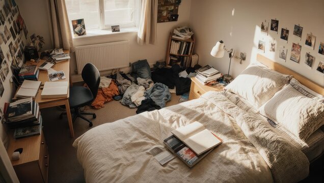 Messy Bedroom Scene - Clothes, Bed, Desk, and Window.