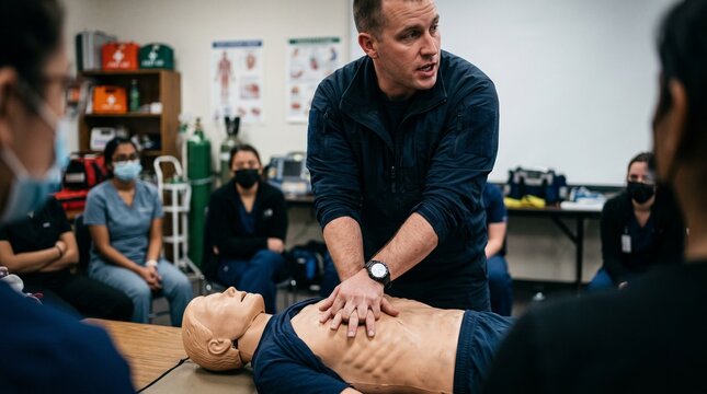 Male instructor demonstrating CPR technique on dummy during training session  