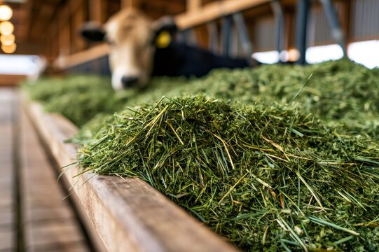 Green hay feed for cattle in barn
