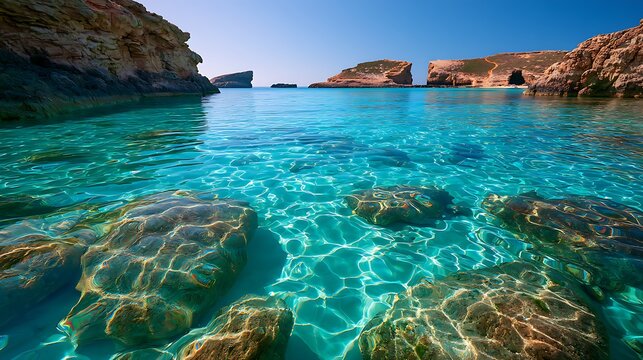 Crystal clear turquoise water at the Blue Lagoon in Comino Malta