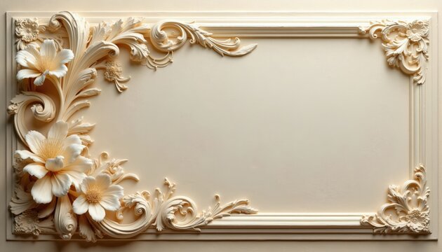 Cream beige floral ornament carved relief. Intricate ornate swirls leaves and flower petals create elegant decorative pattern. Classic luxury stucco design.