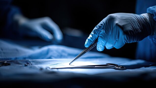Gloved hands with surgical tools perform a delicate procedure under bright lights