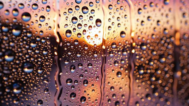 Water droplets sliding down glass window with golden sunset light