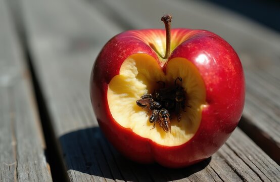 Red apple with bite marks where wasps feed on sweet fruit flesh. Overripe natural food on wooden table outdoors. Insects eat sweet organic fruit pulp.
