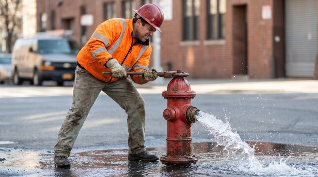 Man operating fire hydrant while wearing safety gear on street  
