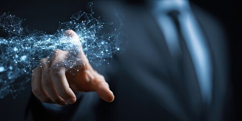 Fototapeta premium Hand interacting with glowing digital network of light particles