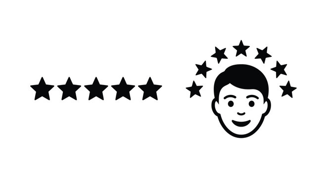 Five stars and smiling face silhouette with surrounding stars on a white background silhouette