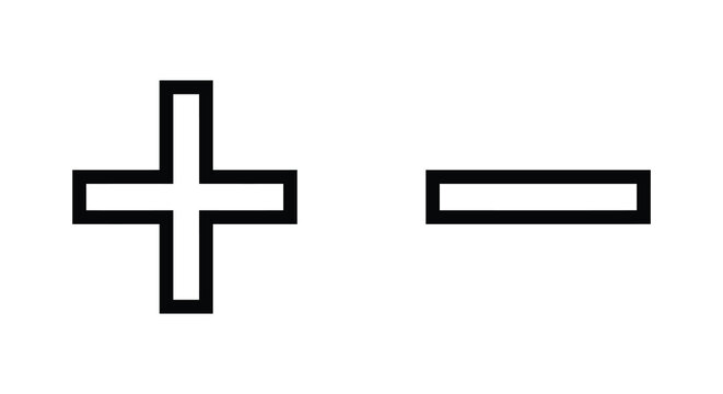 Plus and minus sign symbols in black silhouette against a white background silhouette