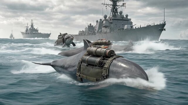 Bottlenose dolphins swimming with military equipment harnesses near naval destroyers. Aquatic mammals participating in maritime defense operations. Panning and tilting camera movement.