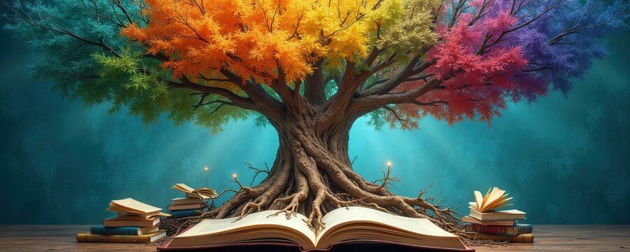 Colorful tree of knowledge grows from open book with roots in learning materials. Branches display diverse colors representing wisdom growth. Stacked books, devices form base of symbolic tree