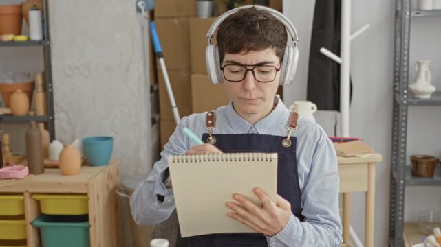 Woman pottery artist in apron sketching on a spiral sketchbook with pen, hands holding the page and wearing headphones in a studio; concentration creativity.