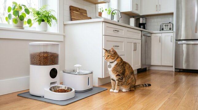 Tabby cat sitting beside automatic pet feeder in modern kitchen  