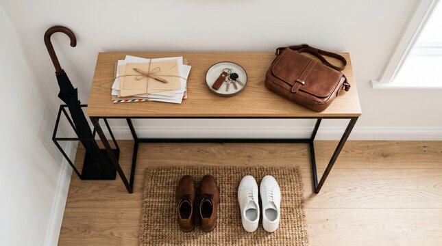 Wooden console table with shoes, bag, and umbrella in hallway  
