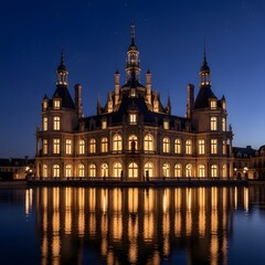 Obraz premium Illuminated Grand European Palace at Night with Symmetrical Reflection in Still Water