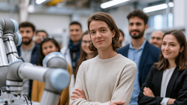 International group of engineering students touring a cobots demonstration cell at a university manufacturing lab, various nationalities visible, global manufacturing education and multicultural STE