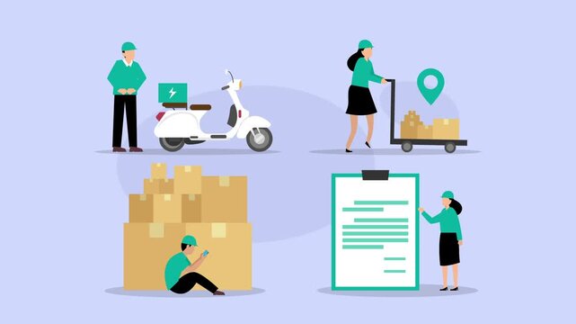 Logistics and delivery service character set with couriers, scooter, and cardboard boxes cartoon animation