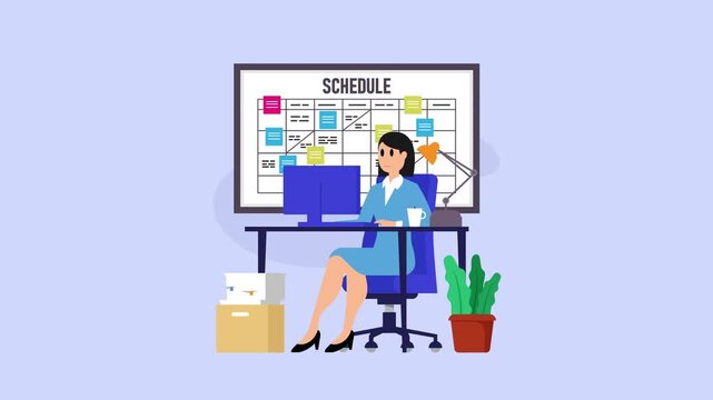 Businesswoman working at office desk with large project schedule planner board cartoon animation