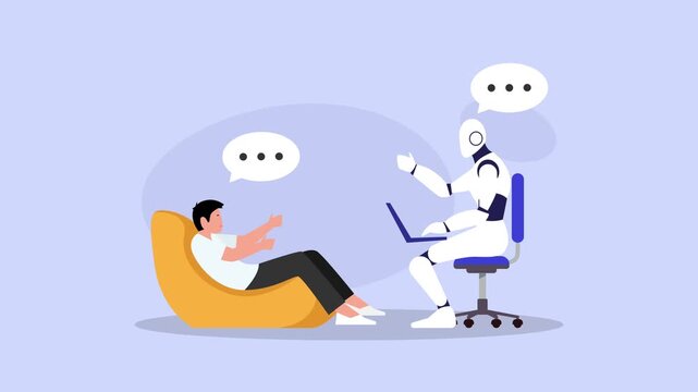 Man consulting with AI robot psychologist or career advisor using laptop in modern office cartoon animation