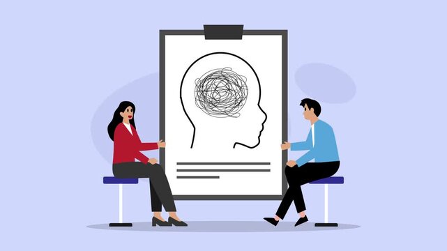Psychologist consulting male patient during mental health therapy session with brain tangle icon cartoon animation