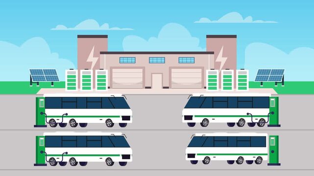 Electric buses charging at a modern transit depot with solar panels and energy storage batteries cartoon animation