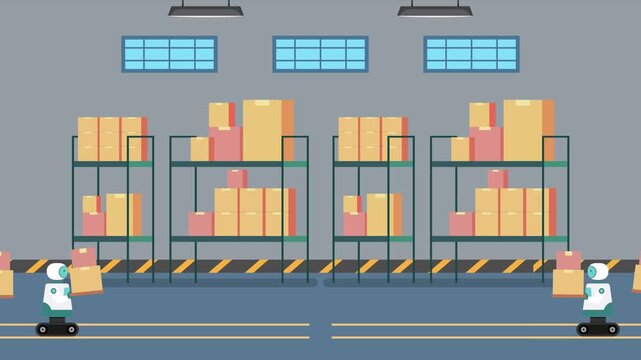 Modern smart warehouse interior with automated robots carrying cardboard boxes cartoon animation