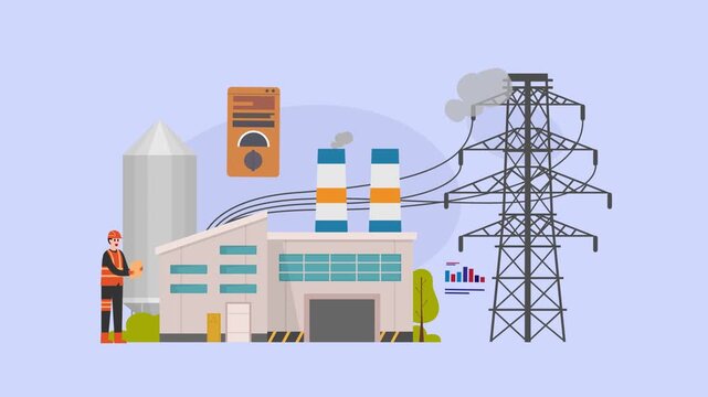 Industrial power plant building with high voltage electric pylon, electricity generation facility with smoking chimneys, transmission tower, and engineer worker cartoon animation