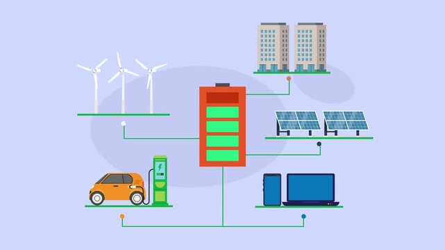 Smart grid renewable energy storage system infographic with wind turbines, solar panels, electric car ev charging station, buildings, and smart device monitoring cartoon animation