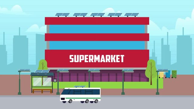Modern sustainable supermarket building powered by rooftop solar panels, smart city infrastructure with electric bus, eco bus stop, and solar-powered street lamps cartoon animation