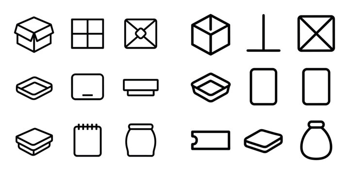Package and container vector icons with box, envelope and jar for web design in minimal outline style