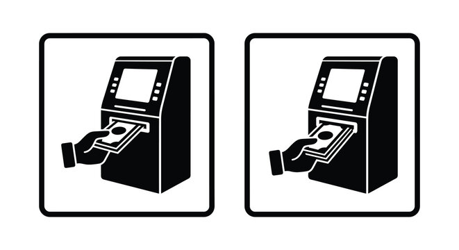 atm machine with hand inserting card black and white graphic silhouette