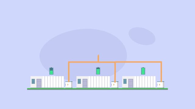 Renewable Energy Infrastructure with Solar Panels, Wind Turbines, and Battery Storage Units cartoon animation