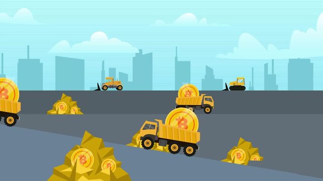 Bitcoin Mining Concept with Industrial Trucks Transporting Large Crypto Coins cartoon animation