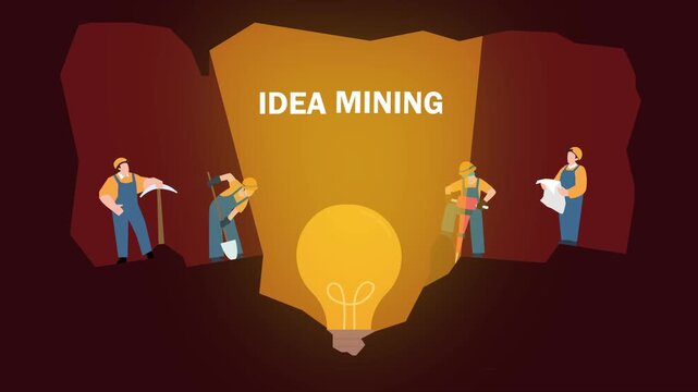 Idea mining concept with workers digging out a giant light bulb in a cave cartoon animation