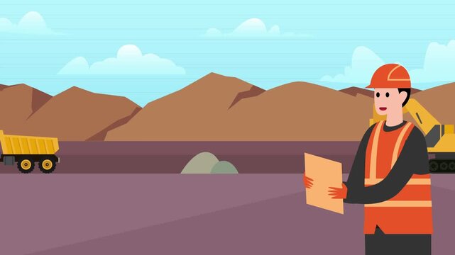 Mining Engineer Overseeing Excavation Site with Heavy Machinery and Dump Truck cartoon animation